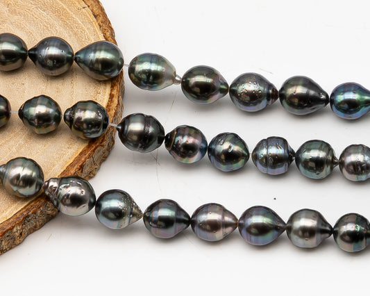 9-10mm Tahitian Pearl in Full Strand, Natural Colors with High Luster, Temporarily Strung Black Pearls for Jewelry Making, SKU # 3137TH