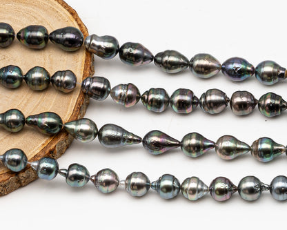 9-10mm Tahitian Pearl in Full Strand, Natural Colors with High Luster, Temporarily Strung Black Pearls for Jewelry Making, SKU # 3138TH
