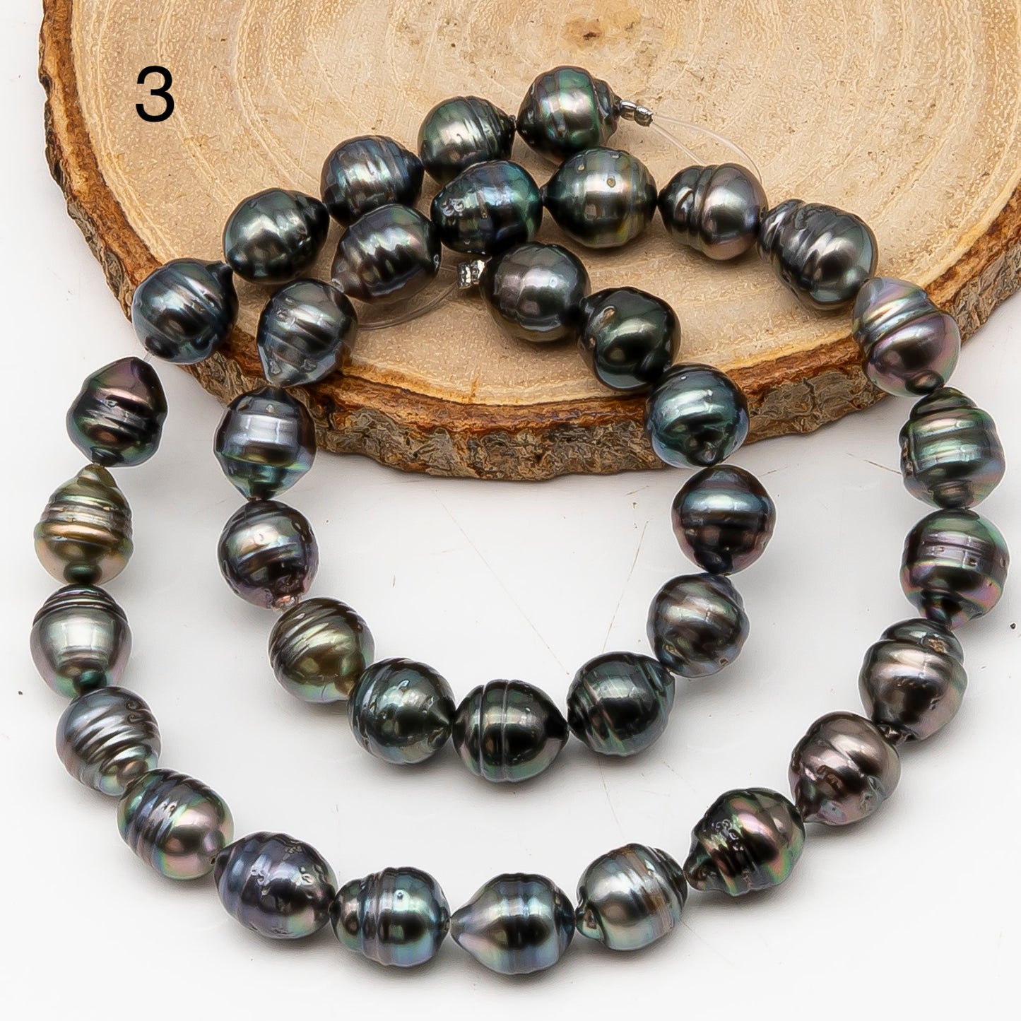 9-10mm Tahitian Pearl in Full Strand, Natural Colors with High Luster, Temporarily Strung Black Pearls for Jewelry Making, SKU # 3138TH