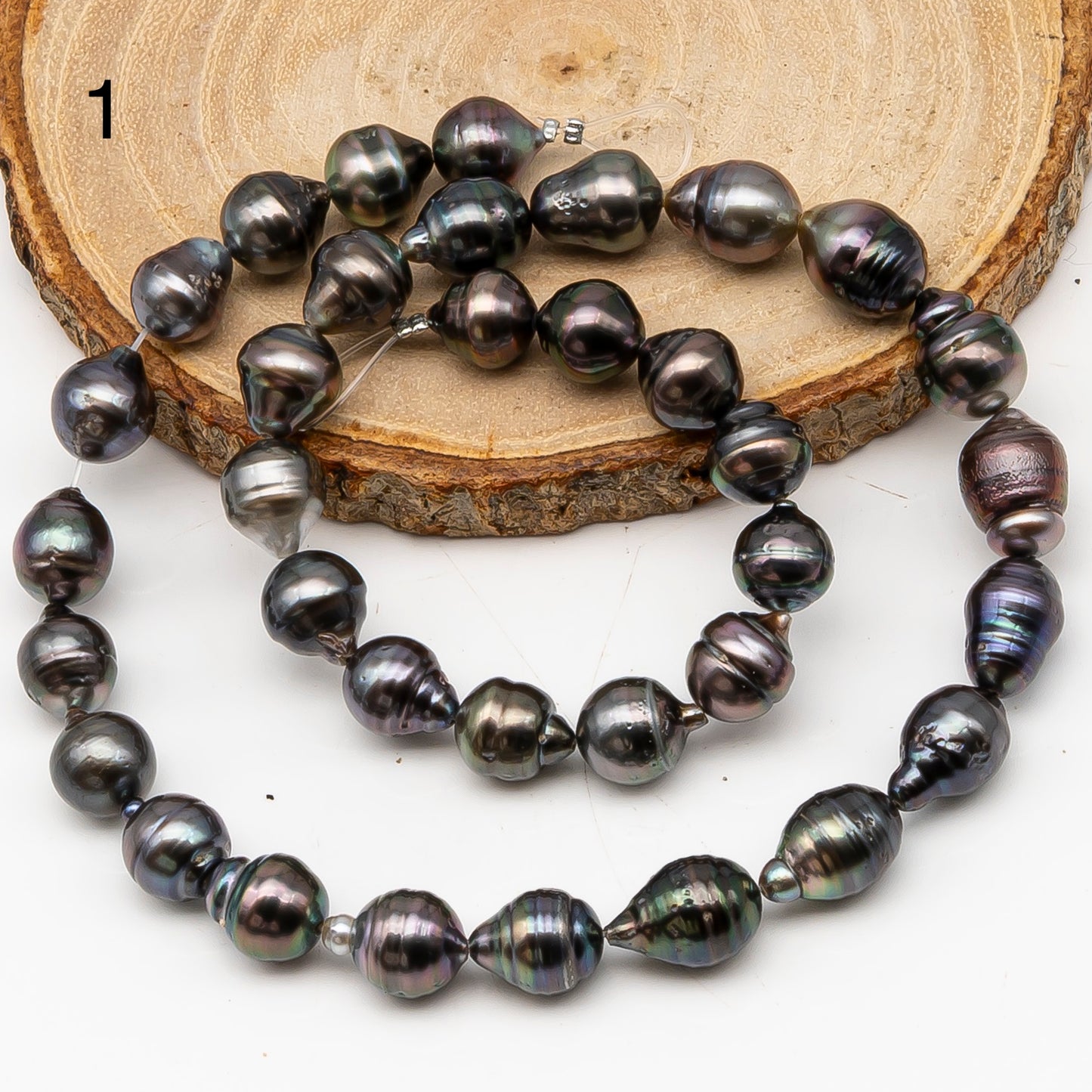 9-10mm Tahitian Pearl in Full Strand, Natural Colors with High Luster, Temporarily Strung Black Pearls for Jewelry Making, SKU # 3139TH