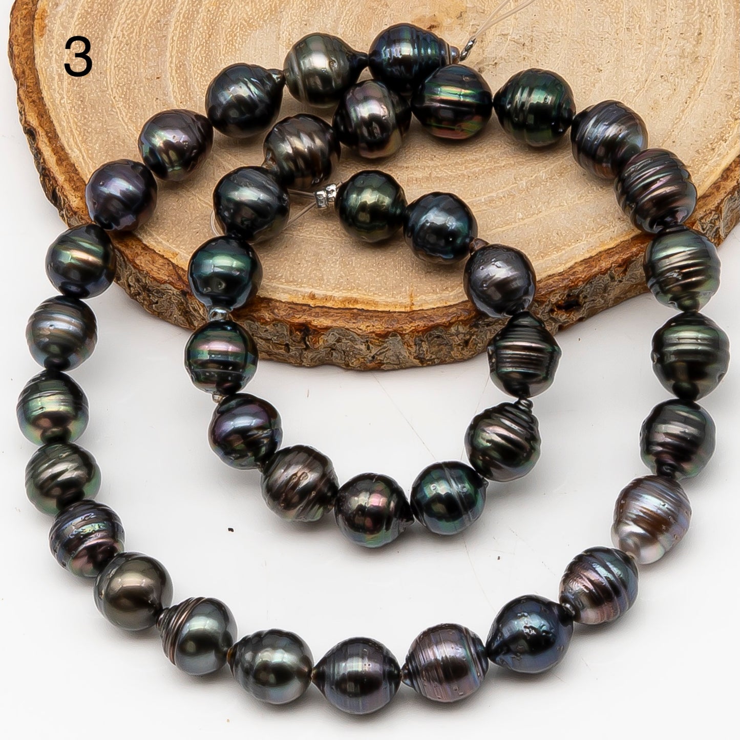 9-10mm Tahitian Pearl in Full Strand, Natural Colors with High Luster, Temporarily Strung Black Pearls for Jewelry Making, SKU # 3139TH