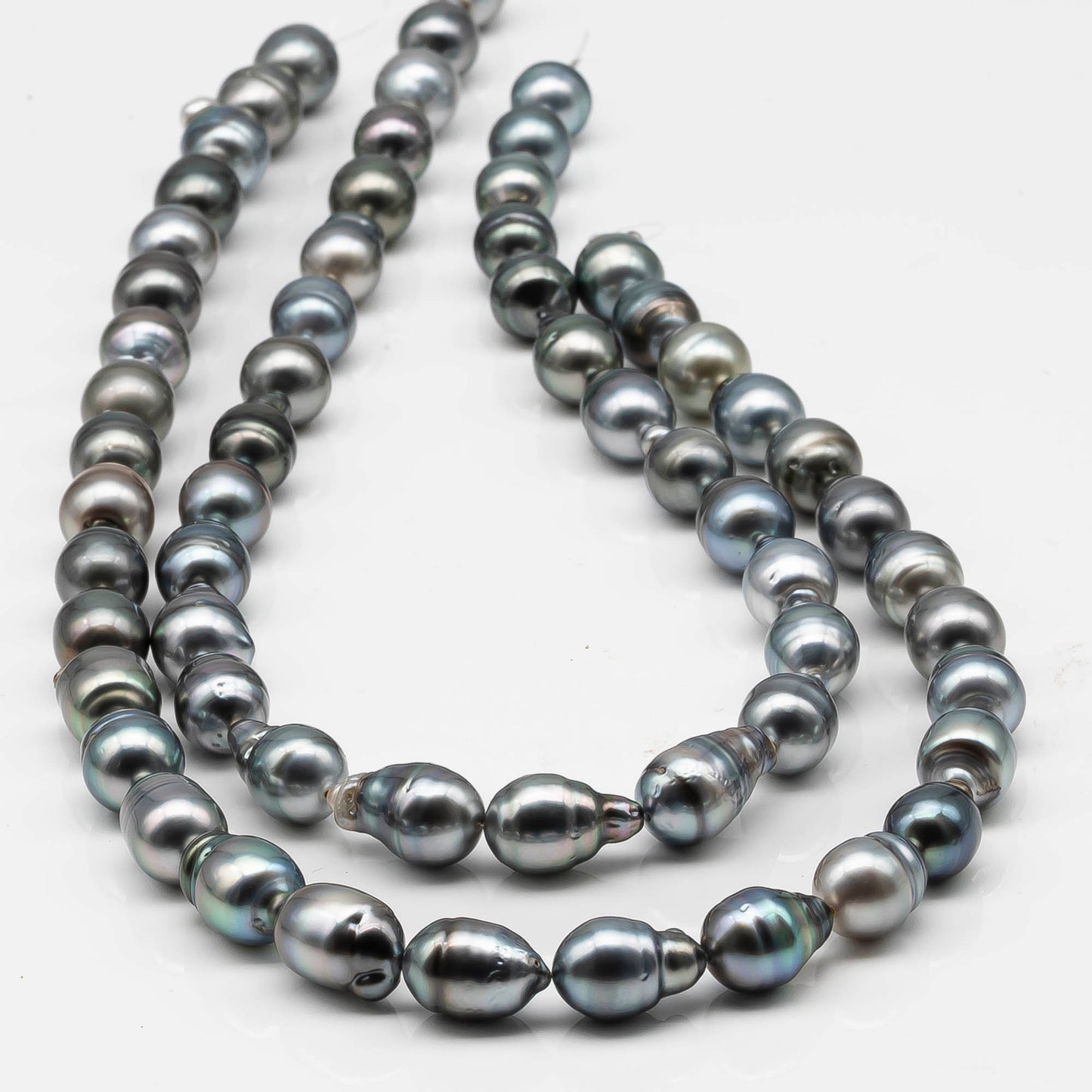 9-10mm Drop Tahitian Pearl in Full Strand with Silver Blue Natural Color and High Luster, With  Minor Blemishes, SKU # 2453TH