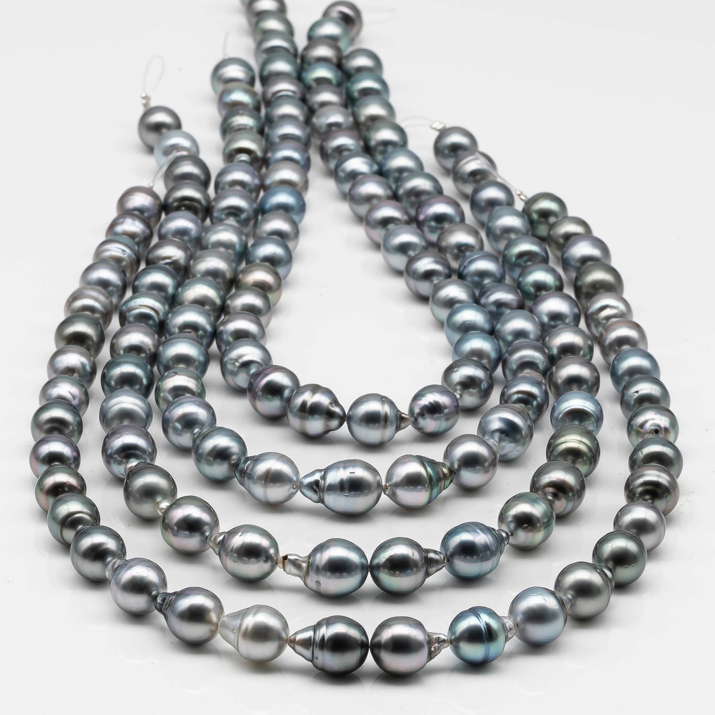 9-10mm Drop Tahitian Pearl in Full Strand with Silver Blue Natural Color and High Luster, With  Minor Blemishes, SKU # 2454TH