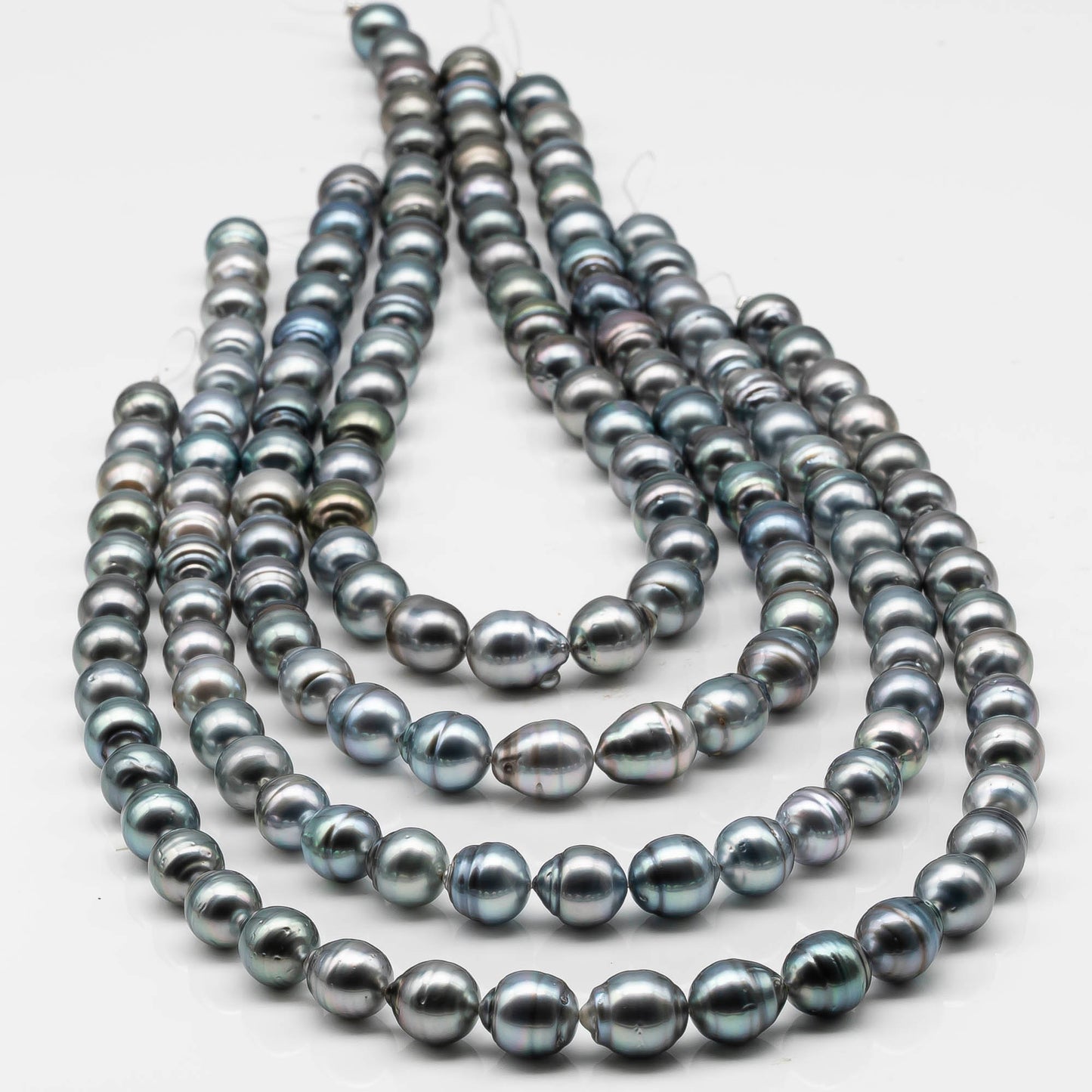 9-10mm Drop Tahitian Pearl in Full Strand with Gray and Blue Hue Natural Color and High Luster, With  Minor Blemishes, SKU # 2456TH