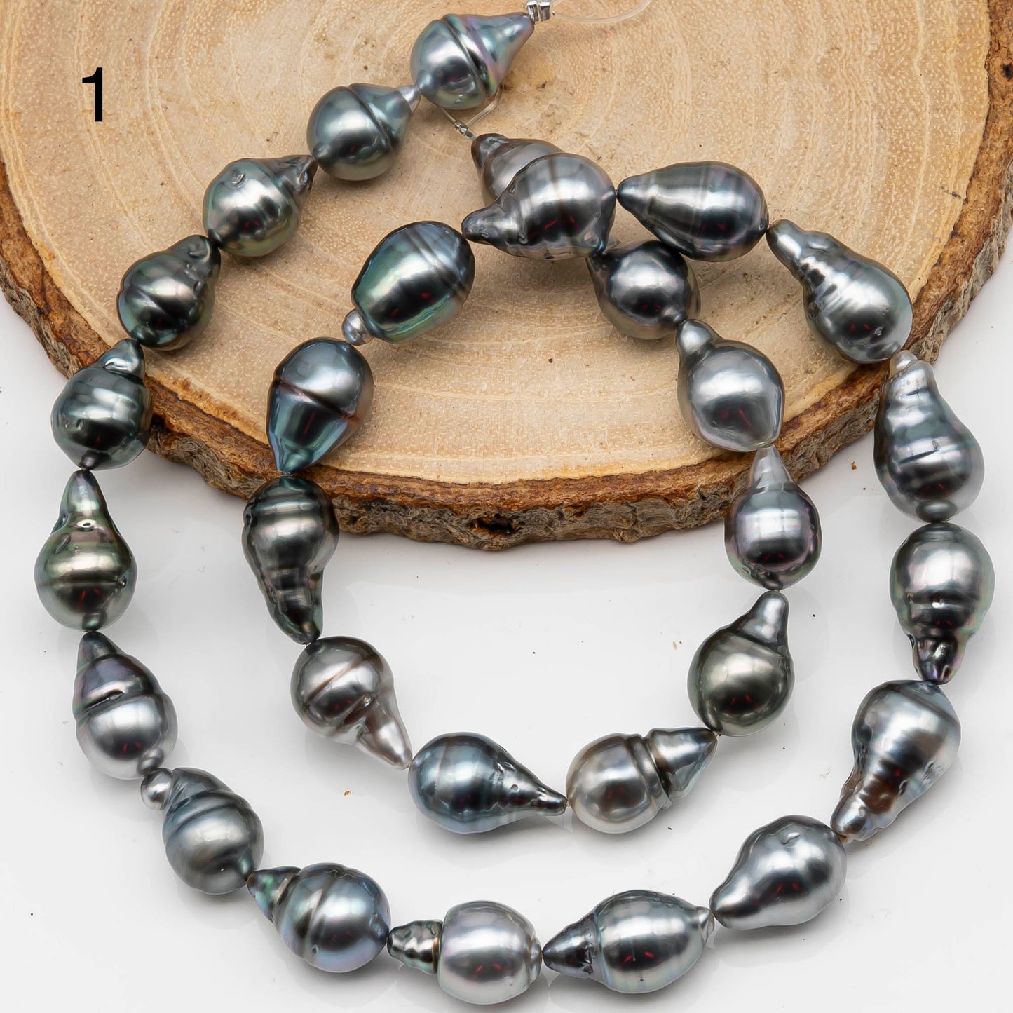 9-10mm Drop Tahitian Pearl in Full Strand with Silver Blue Natural Color and High Luster, With  Minor Blemishes, SKU # 2453TH