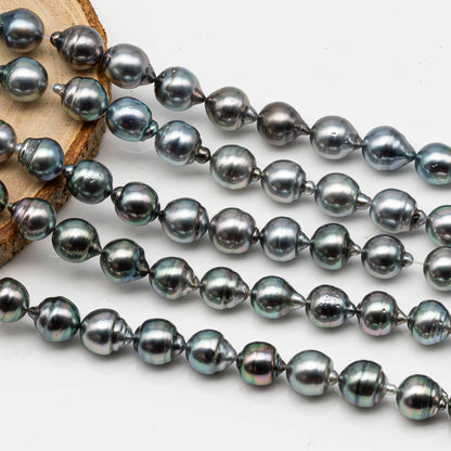 9-10mm Drop Tahitian Pearl in Full Strand with Gray and Blue Hue Natural Color and High Luster, With  Minor Blemishes, SKU # 2455TH