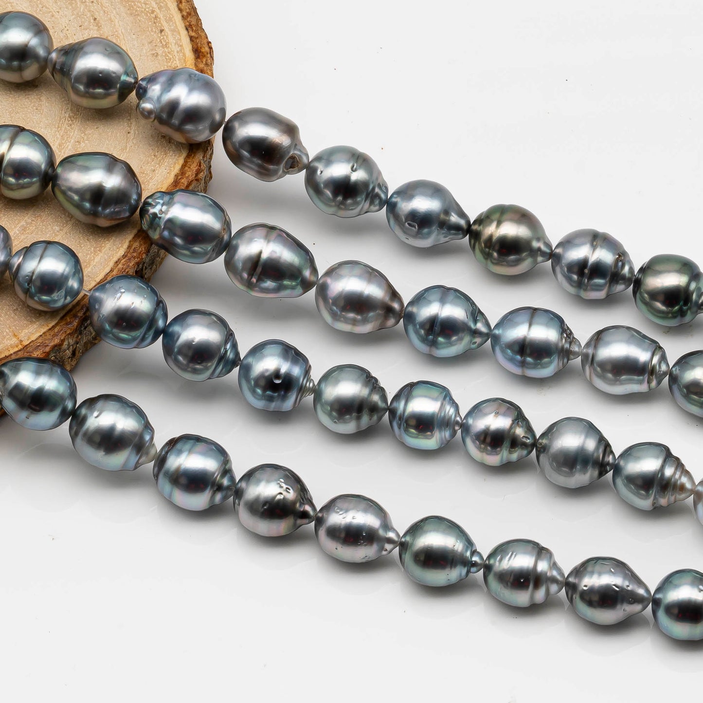 9-10mm Drop Tahitian Pearl in Full Strand with Gray and Blue Hue Natural Color and High Luster, With  Minor Blemishes, SKU # 2456TH