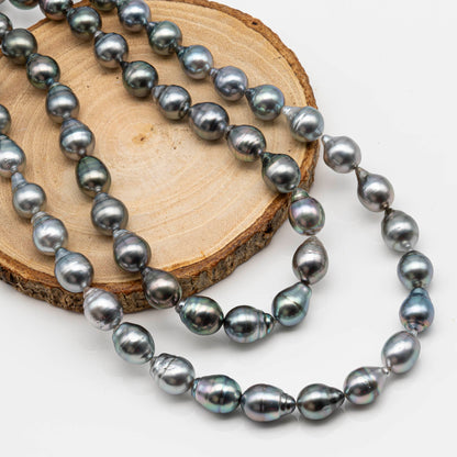 9-10mm Drop Tahitian Pearl in Full Strand with Gray and Blue Hue Natural Color and High Luster, With  Minor Blemishes, SKU # 2459TH