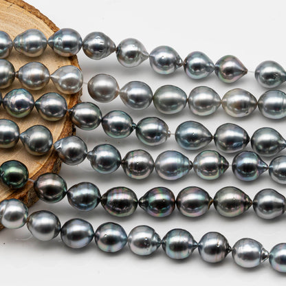9-10mm Drop Tahitian Pearl in Full Strand with Gray and Blue Hue Natural Color and High Luster, With  Minor Blemishes, SKU # 2460TH