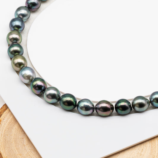 9-10mm Tahitian Pearl in Full Strand (No Hole), Natural Colors with High Luster, Temporarily Strung Pearls for Jewelry Making, SKU # 3190TH
