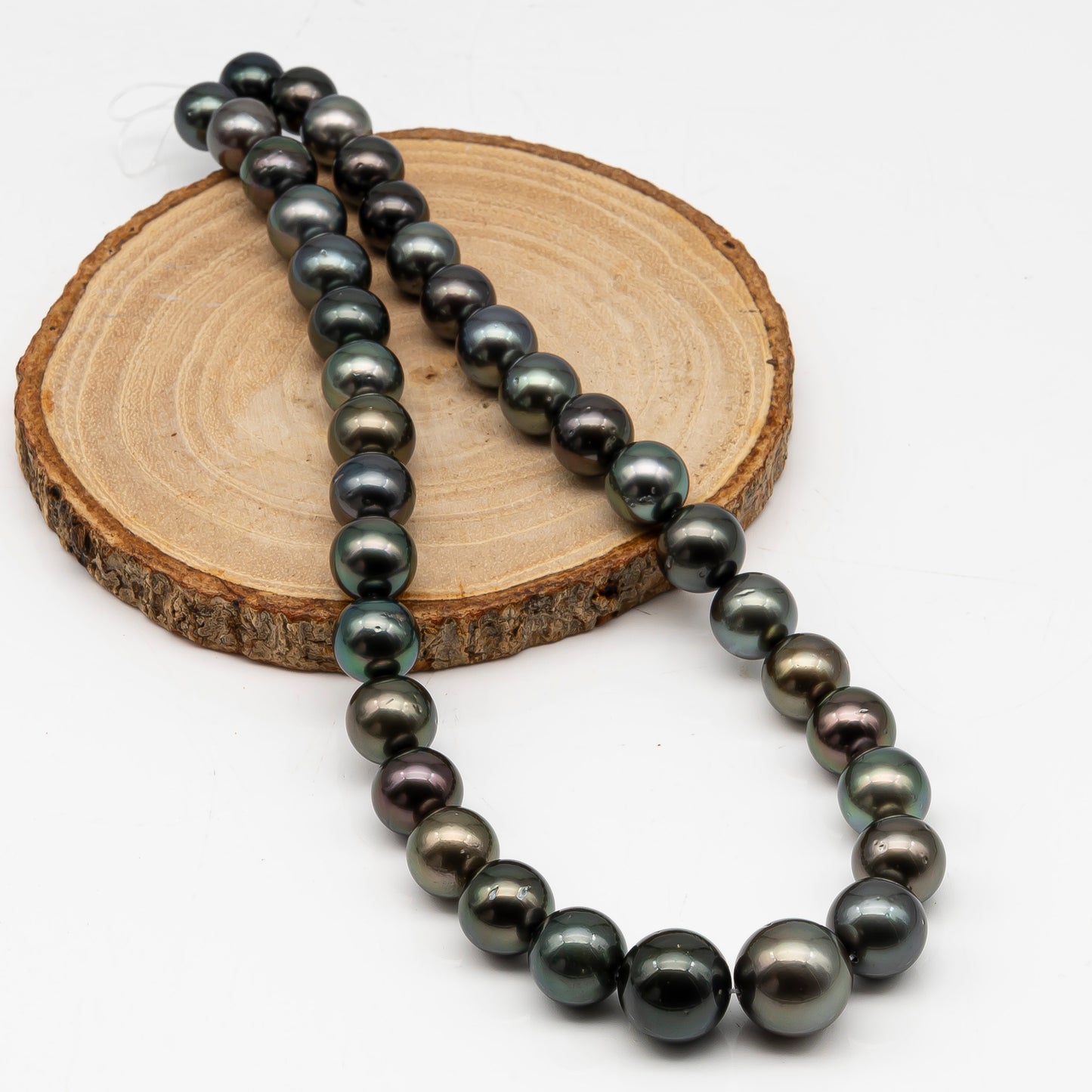 9.7-14.6mmmm Tahitian Pearl in Full Strand, Natural Colors with High Luster, Temporarily Strung Black Pearls for Jewelry Making, SKU # 2999TH