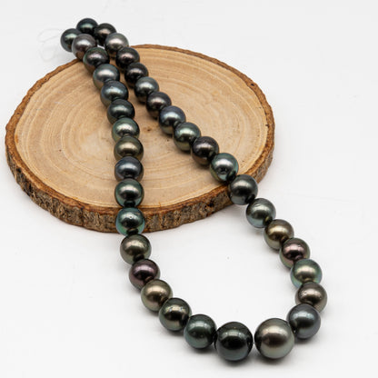 9.7-14.6mmmm Tahitian Pearl in Full Strand, Natural Colors with High Luster, Temporarily Strung Black Pearls for Jewelry Making, SKU # 2999TH