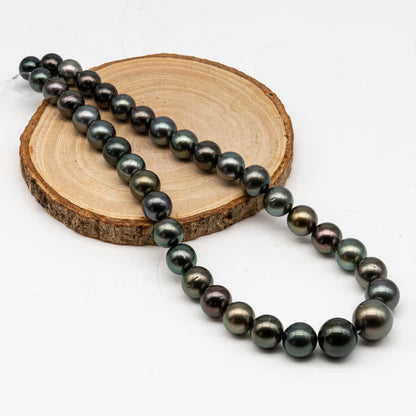 9.7-14.6mmmm Tahitian Pearl in Full Strand, Natural Colors with High Luster, Temporarily Strung Black Pearls for Jewelry Making, SKU # 2999TH
