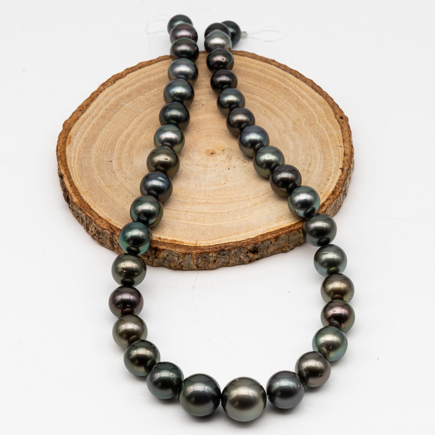 9.7-14.6mmmm Tahitian Pearl in Full Strand, Natural Colors with High Luster, Temporarily Strung Black Pearls for Jewelry Making, SKU # 2999TH