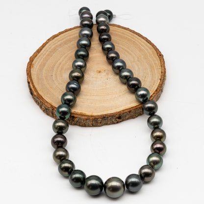 9.7-14.6mmmm Tahitian Pearl in Full Strand, Natural Colors with High Luster, Temporarily Strung Black Pearls for Jewelry Making, SKU # 2999TH