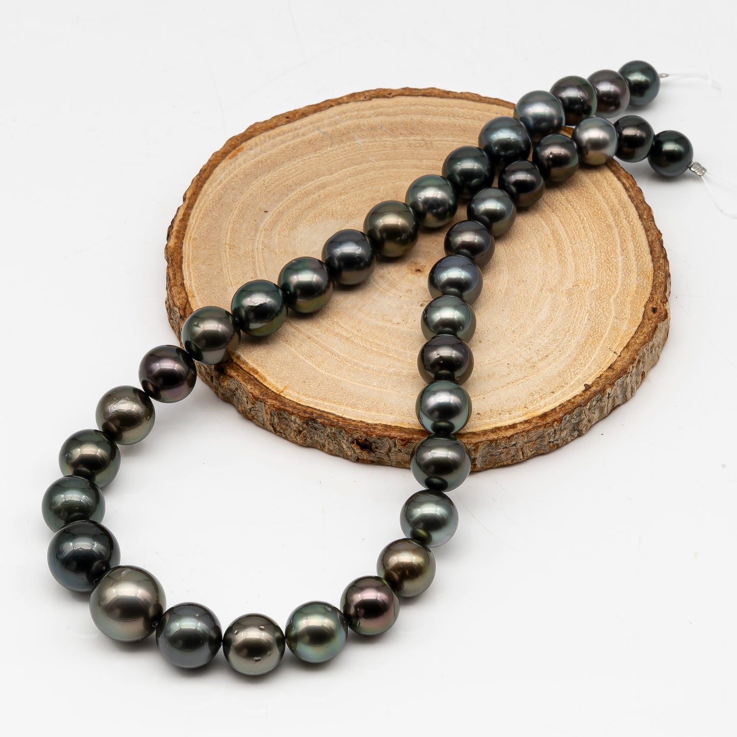 9.7-14.6mmmm Tahitian Pearl in Full Strand, Natural Colors with High Luster, Temporarily Strung Black Pearls for Jewelry Making, SKU # 2999TH