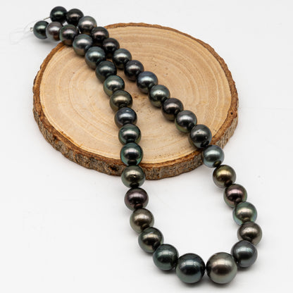 9.7-14.6mmmm Tahitian Pearl in Full Strand, Natural Colors with High Luster, Temporarily Strung Black Pearls for Jewelry Making, SKU # 2999TH