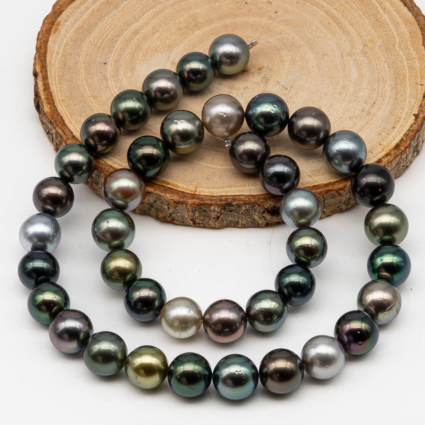 10-11mmmm Tahitian Pearl in Full Strand, Natural Colors with High Luster, Temporarily Strung Black Pearls for Jewelry Making, SKU # 3000TH