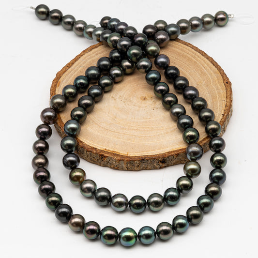 9-10mmmm Tahitian Pearl in Full Strand, Natural Colors with High Luster, Temporarily Strung Black Pearls for Jewelry Making, SKU # 3002TH
