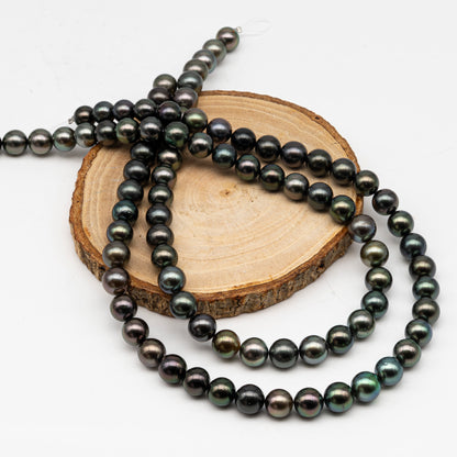 9-10mmmm Tahitian Pearl in Full Strand, Natural Colors with High Luster, Temporarily Strung Black Pearls for Jewelry Making, SKU # 3002TH