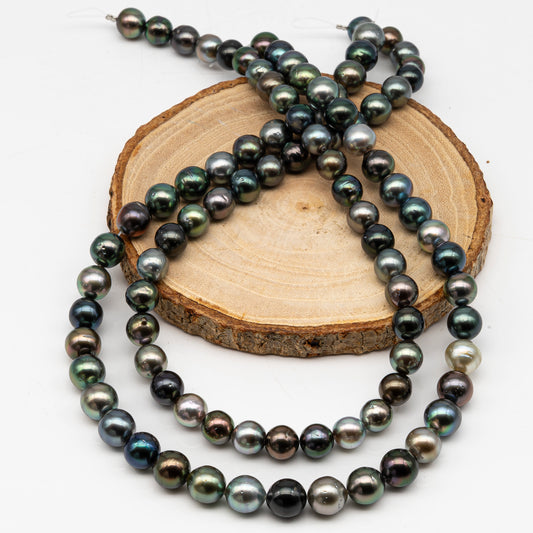 8-9 and 9-10mm Tahitian Pearl in Full Strand, Natural Colors with High Luster, Temporarily Strung Black Pearls for Jewelry Making, SKU # 3004TH