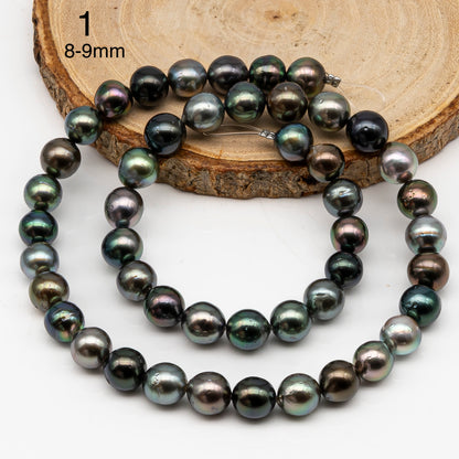8-9 and 9-10mm Tahitian Pearl in Full Strand, Natural Colors with High Luster, Temporarily Strung Black Pearls for Jewelry Making, SKU # 3004TH