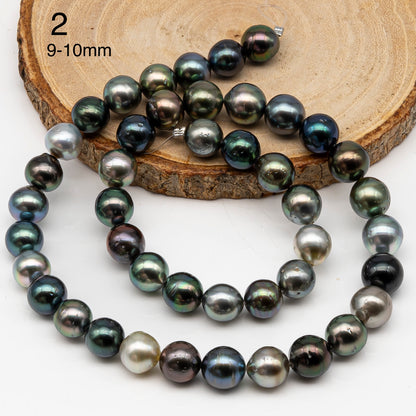 8-9 and 9-10mm Tahitian Pearl in Full Strand, Natural Colors with High Luster, Temporarily Strung Black Pearls for Jewelry Making, SKU # 3004TH