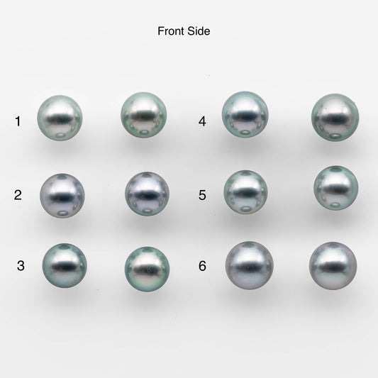 9-10mm AAA Matching Pair Round Tahitian Pearl in Natural Color with High Luster, Undrilled for Making Earring or Pendant, SKU # 2135TH