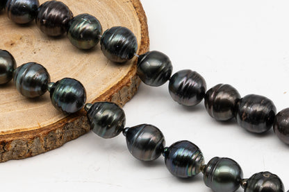 12-13mm Tahitian Pearl in Full Strand, Natural Colors with High Luster, Temporarily Strung Black Pearls for Jewelry Making, SKU # 3035TH