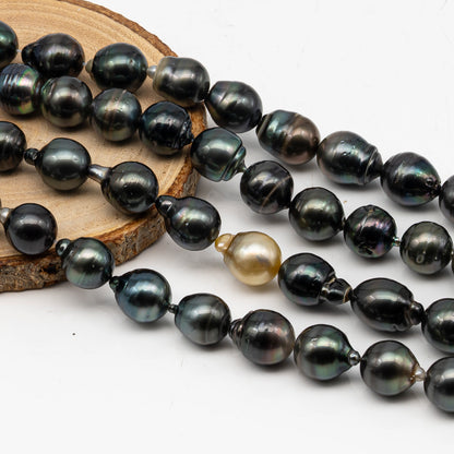 12-13mm Tahitian Pearl in Full Strand, Natural Colors with High Luster, Temporarily Strung Black Pearls for Jewelry Making, SKU # 3036TH