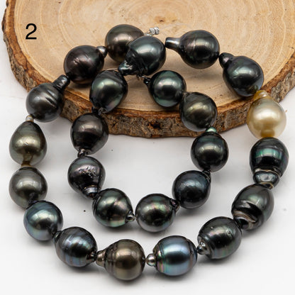 12-13mm Tahitian Pearl in Full Strand, Natural Colors with High Luster, Temporarily Strung Black Pearls for Jewelry Making, SKU # 3036TH