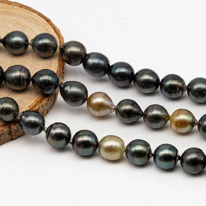 12-13mm Tahitian Pearl in Full Strand, Natural Colors with High Luster, Temporarily Strung Black Pearls for Jewelry Making, SKU # 3037TH