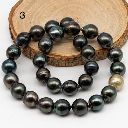 12-13mm Tahitian Pearl in Full Strand, Natural Colors with High Luster, Temporarily Strung Black Pearls for Jewelry Making, SKU # 3037TH