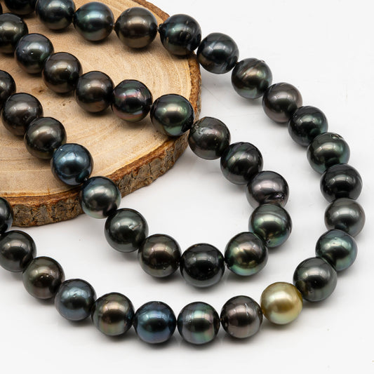 12-13mm Tahitian Pearl in Full Strand, Natural Colors with High Luster, Temporarily Strung Black Pearls for Jewelry Making, SKU # 3038TH