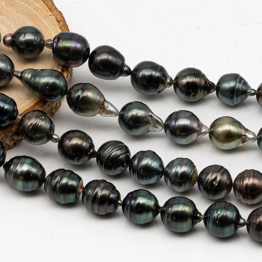 11-12mm Tahitian Pearl in Full Strand, Natural Colors with High Luster, Temporarily Strung Black Pearls for Jewelry Making, SKU # 3039TH