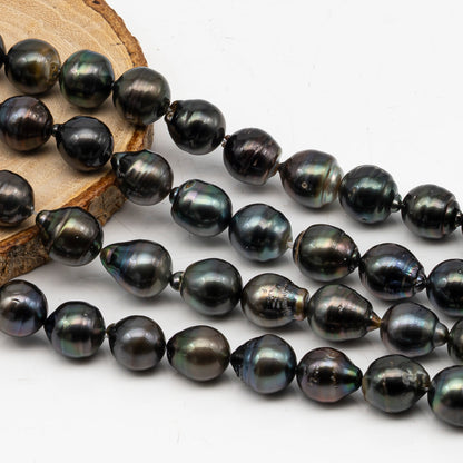 11-12mm Tahitian Pearl in Full Strand, Natural Colors with High Luster, Temporarily Strung Black Pearls for Jewelry Making, SKU # 3040TH