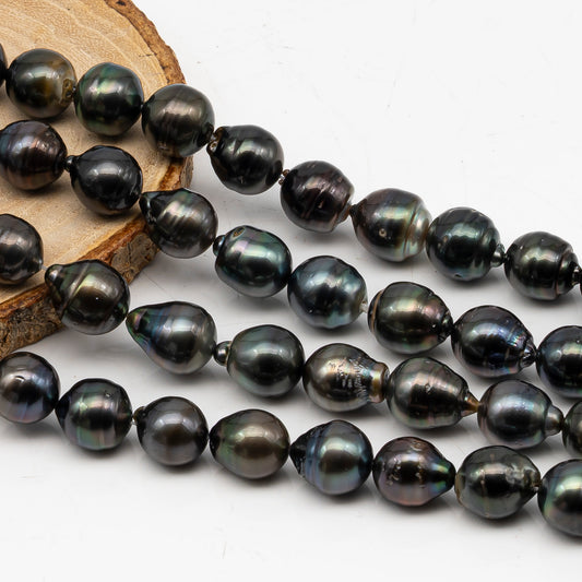 11-12mm Tahitian Pearl in Full Strand, Natural Colors with High Luster, Temporarily Strung Black Pearls for Jewelry Making, SKU # 3040TH