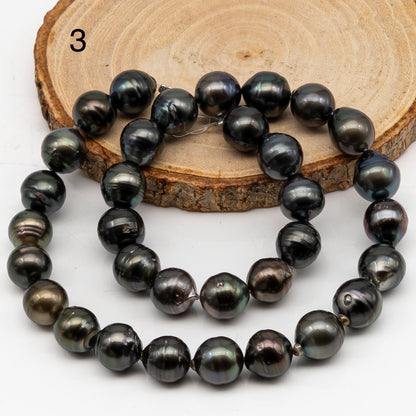 11-12mm Tahitian Pearl in Full Strand, Natural Colors with High Luster, Temporarily Strung Black Pearls for Jewelry Making, SKU # 3040TH
