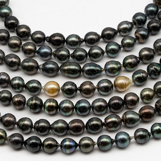 11-12mm Tahitian Pearl in Full Strand, Natural Colors with High Luster, Temporarily Strung Black Pearls for Jewelry Making, SKU # 3041TH
