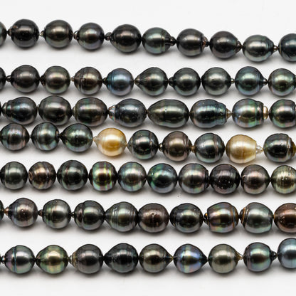 11-12mm Tahitian Pearl in Full Strand, Natural Colors with High Luster, Temporarily Strung Black Pearls for Jewelry Making, SKU # 3041TH