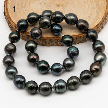 11-12mm Tahitian Pearl in Full Strand, Natural Colors with High Luster, Temporarily Strung Black Pearls for Jewelry Making, SKU # 3041TH