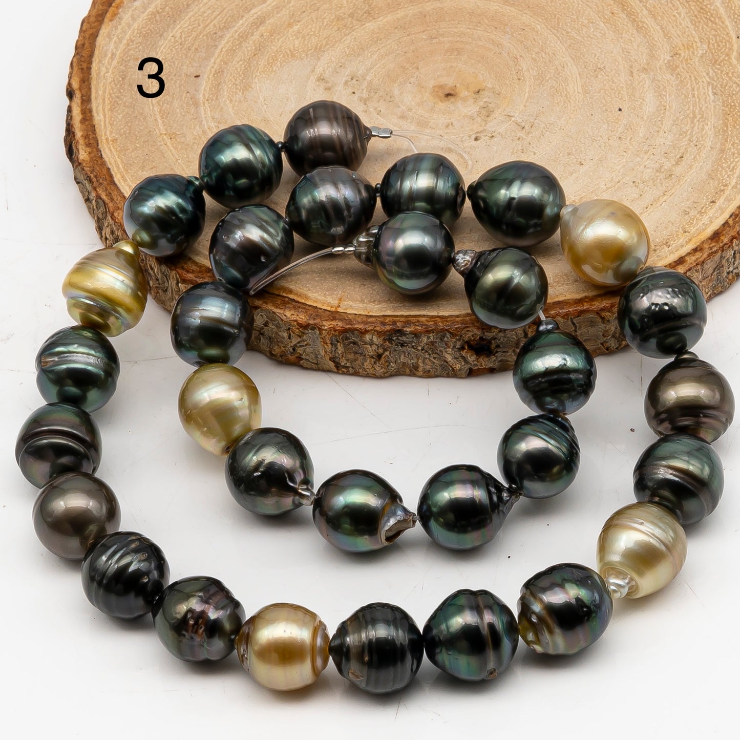 11-12mm Tahitian Pearl in Full Strand, Natural Colors with High Luster, Temporarily Strung Black Pearls for Jewelry Making, SKU # 3041TH