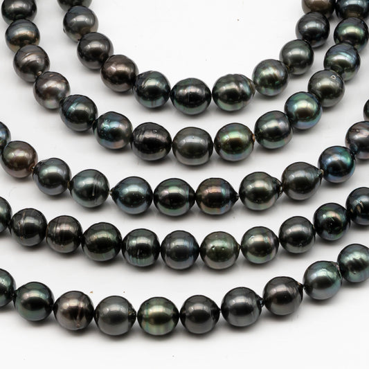 11-12mm Tahitian Pearl in Full Strand, Natural Colors with High Luster, Temporarily Strung Black Pearls for Jewelry Making, SKU # 3042TH