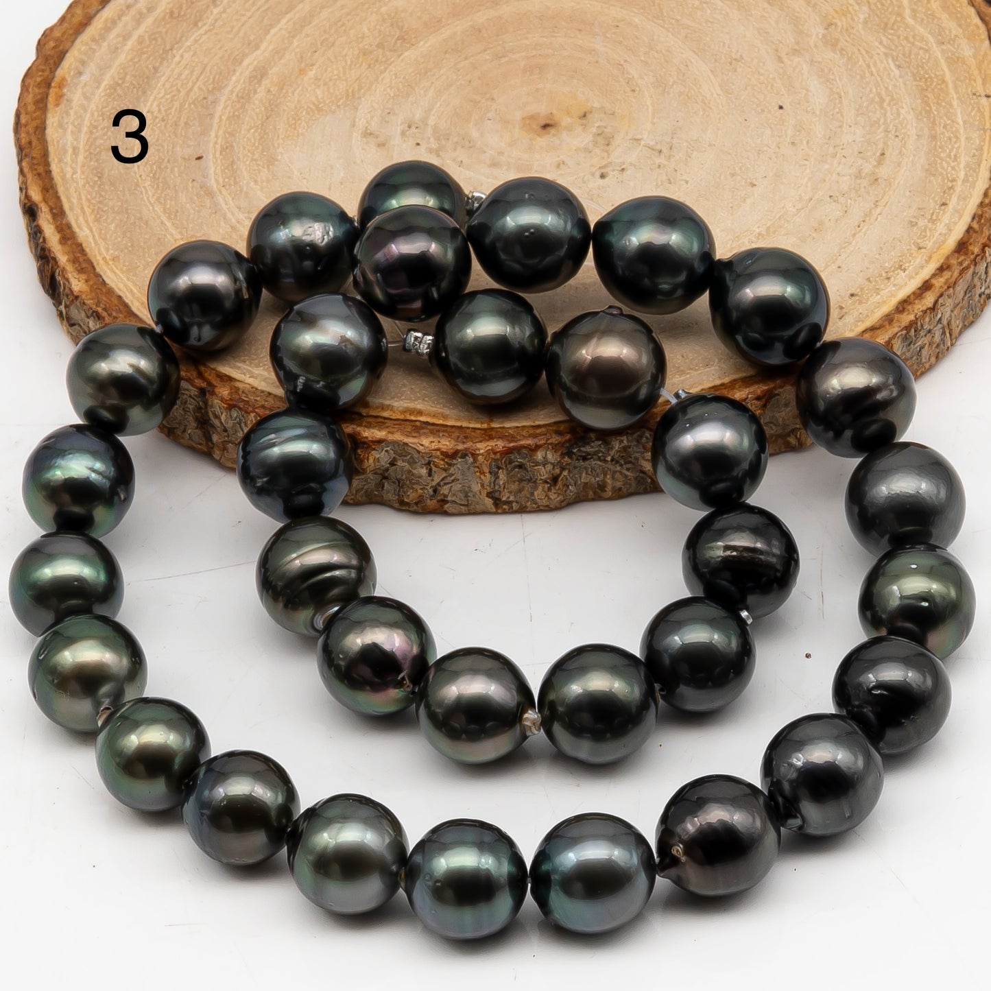 11-12mm Tahitian Pearl in Full Strand, Natural Colors with High Luster, Temporarily Strung Black Pearls for Jewelry Making, SKU # 3042TH