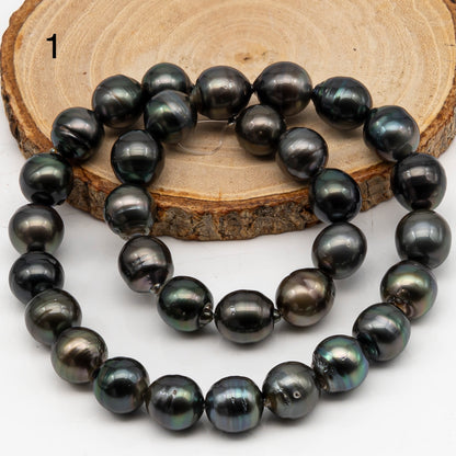 11-12mm Tahitian Pearl in Full Strand, Natural Colors with High Luster, Temporarily Strung Black Pearls for Jewelry Making, SKU # 3042TH