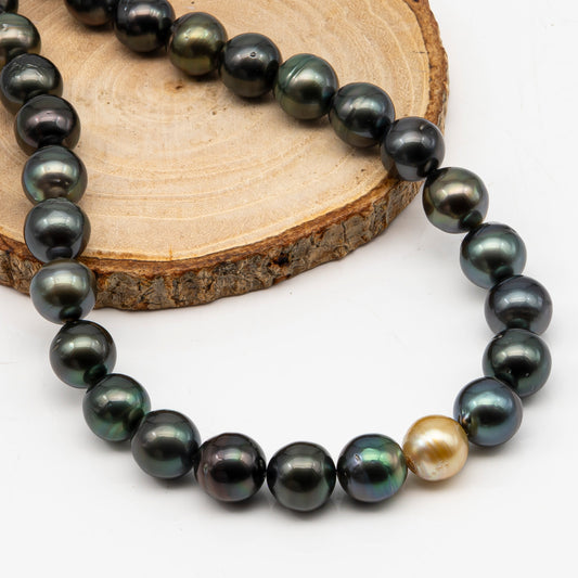 11-12mm Tahitian Pearl in Full Strand, Natural Colors with High Luster, Temporarily Strung Black Pearls for Jewelry Making, SKU # 3043TH