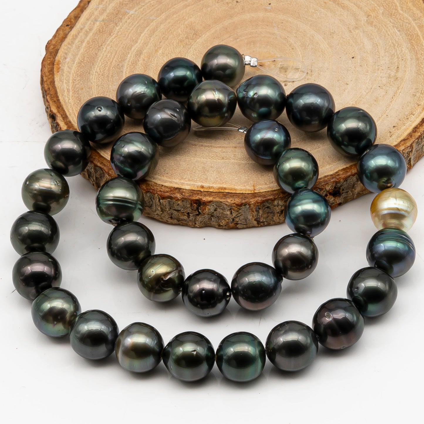11-12mm Tahitian Pearl in Full Strand, Natural Colors with High Luster, Temporarily Strung Black Pearls for Jewelry Making, SKU # 3043TH