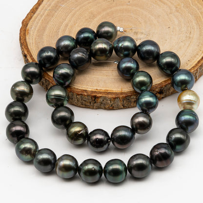 11-12mm Tahitian Pearl in Full Strand, Natural Colors with High Luster, Temporarily Strung Black Pearls for Jewelry Making, SKU # 3043TH
