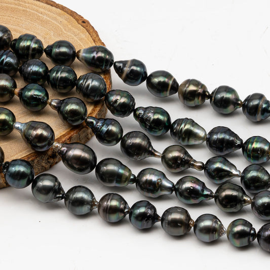10-11mm Tahitian Pearl in Full Strand, Natural Colors with High Luster, Temporarily Strung Black Pearls for Jewelry Making, SKU # 3045TH