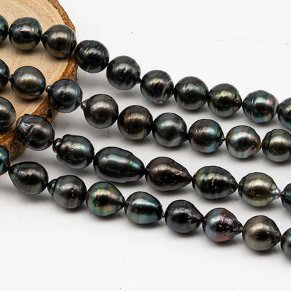 10-11mm Tahitian Pearl in Full Strand, Natural Colors with High Luster, Temporarily Strung Black Pearls for Jewelry Making, SKU # 3046TH